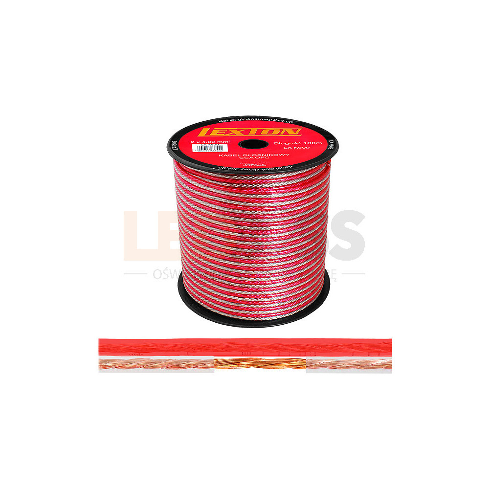 KABEL GŁOŚNIKOWY PRZEWÓD 2X4.00 CCA OFC CZARNO-CZERWONY LEXTON ROLK...