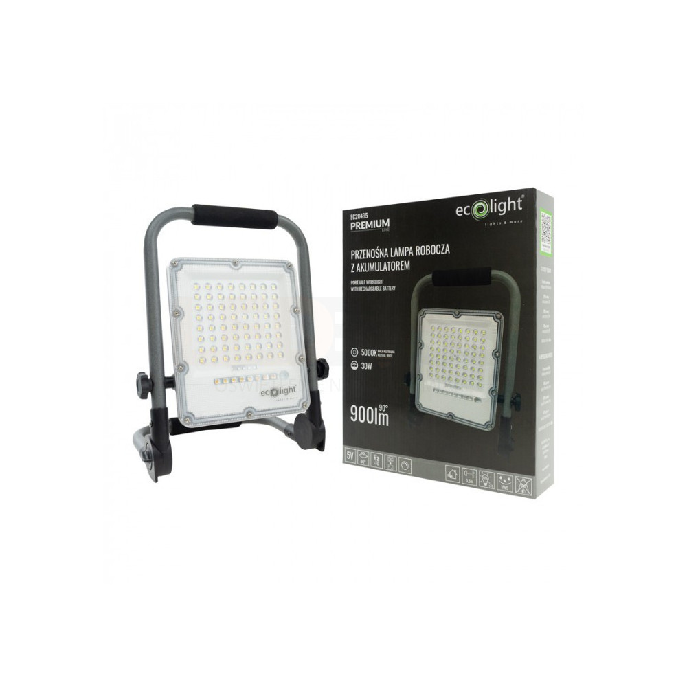 NAŚWIETLACZ HALOGEN PRZENOŚNY ROBOCZY LAMPA LED Z AKUMULATOREM 30W 5000K