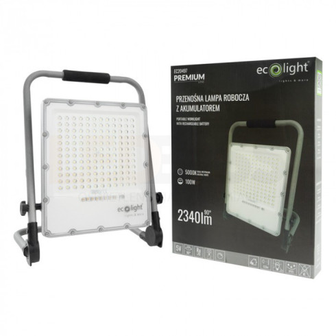 NAŚWIETLACZ HALOGEN PRZENOŚNY ROBOCZY LAMPA LED Z AKUMULATOREM 100W 5000K