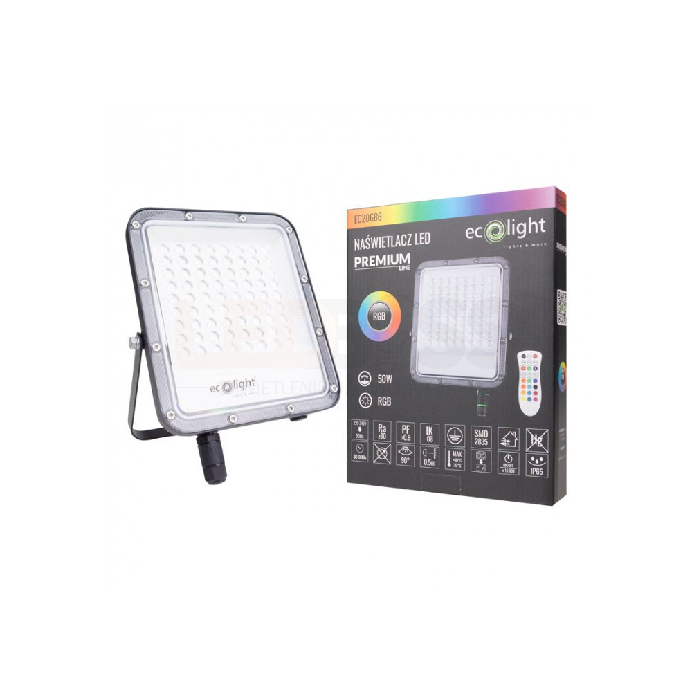 NAŚWIETLACZ LED HALOGEN ZEWNĘTRZNY 50W BARWA ZMIENNA RGB+6500K Z PILOTEM