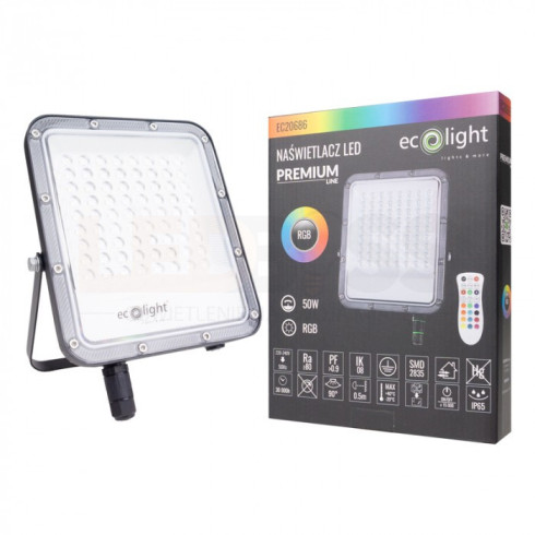 NAŚWIETLACZ LED HALOGEN ZEWNĘTRZNY 50W BARWA ZMIENNA RGB+6500K Z PILOTEM