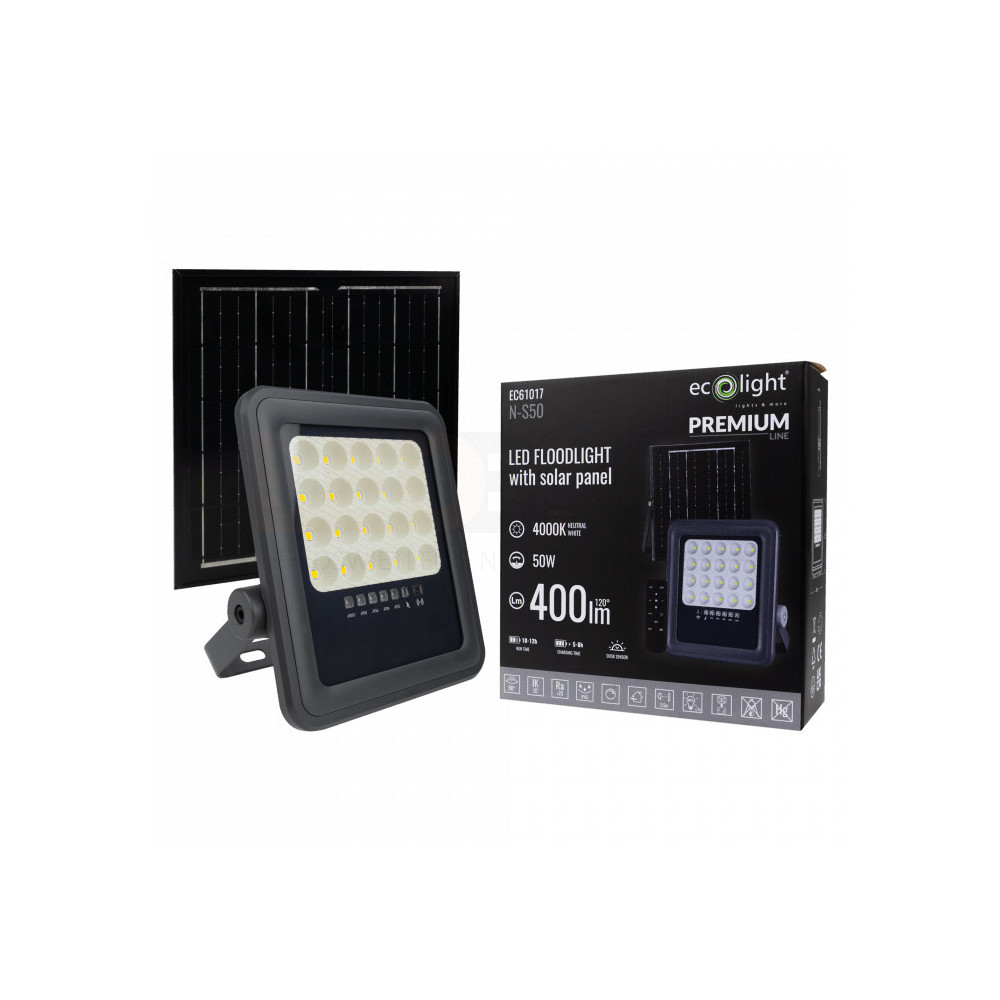 NAŚWIETLACZ SOLARNY 50W LED + PILOT ZESTAW MONTAŻOWY ECOLIGHT NEUTRALNY