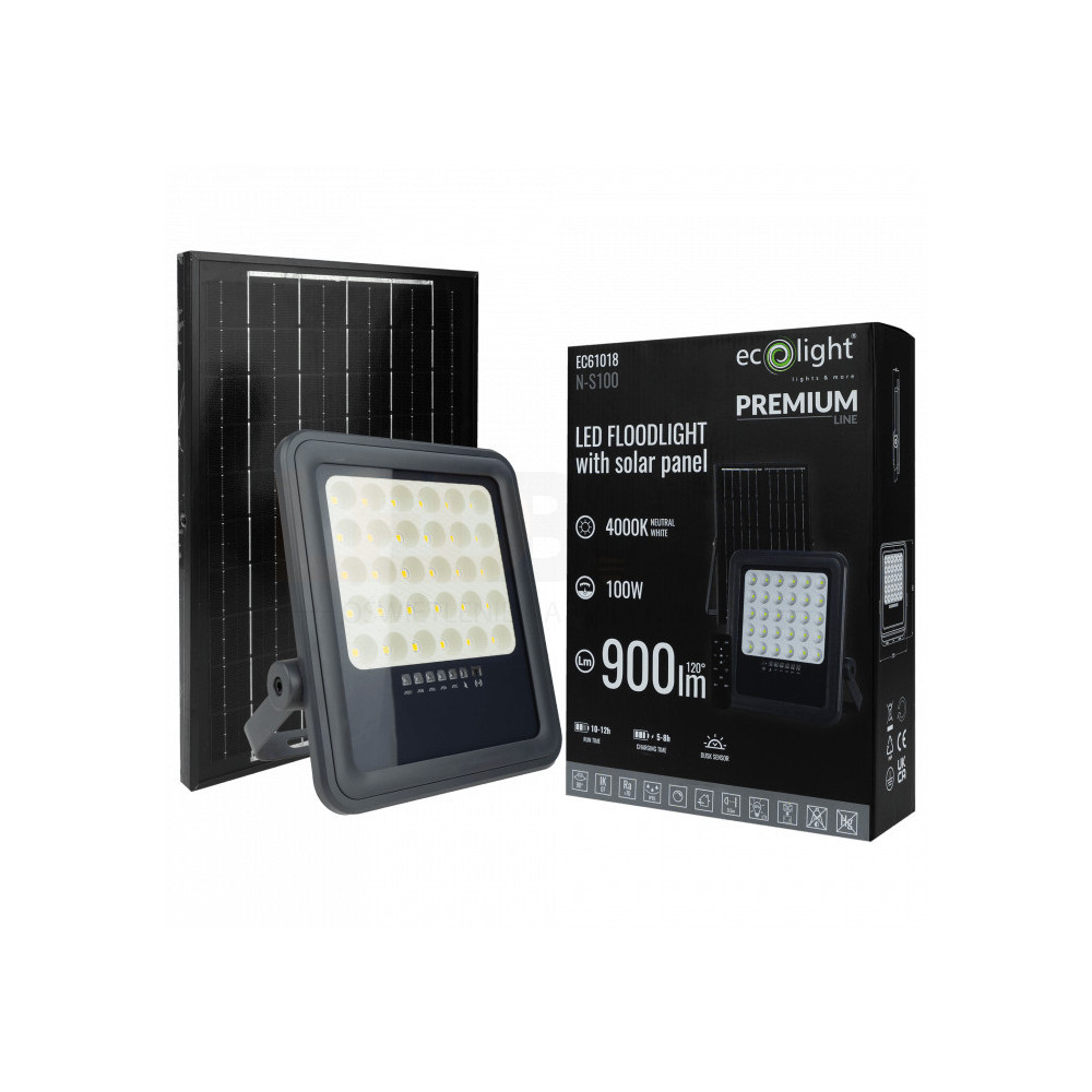 NAŚWIETLACZ SOLARNY 100W LED + PILOT ZESTAW MONTAŻOWY ECOLIGHT NEUTRALNY